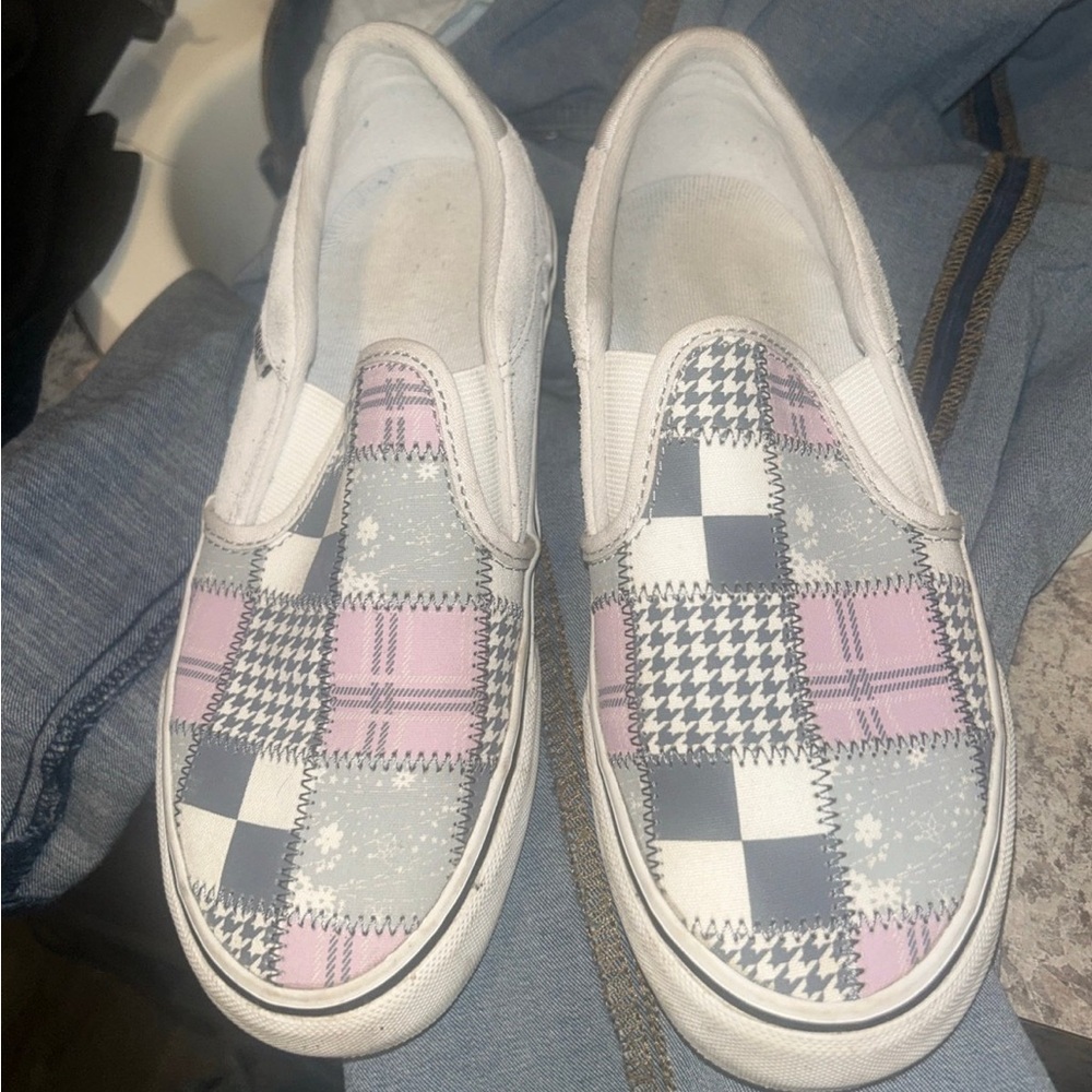 Vans Women's Patchwork Slip-On Shoes - Pink, Gray, White